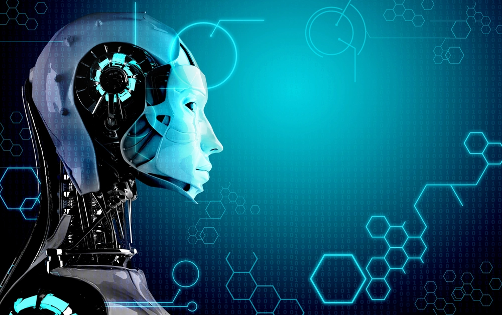 Side profile of an android with visible mechanical components, set against a blue background with circular and hexagonal digital patterns.