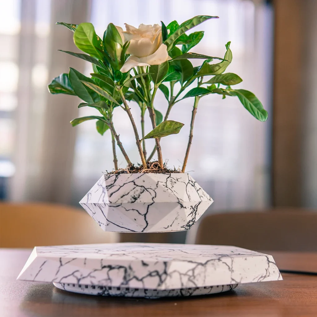 A white marbled plant pot with a flowering plant is levitating above a matching marbled base on a table.