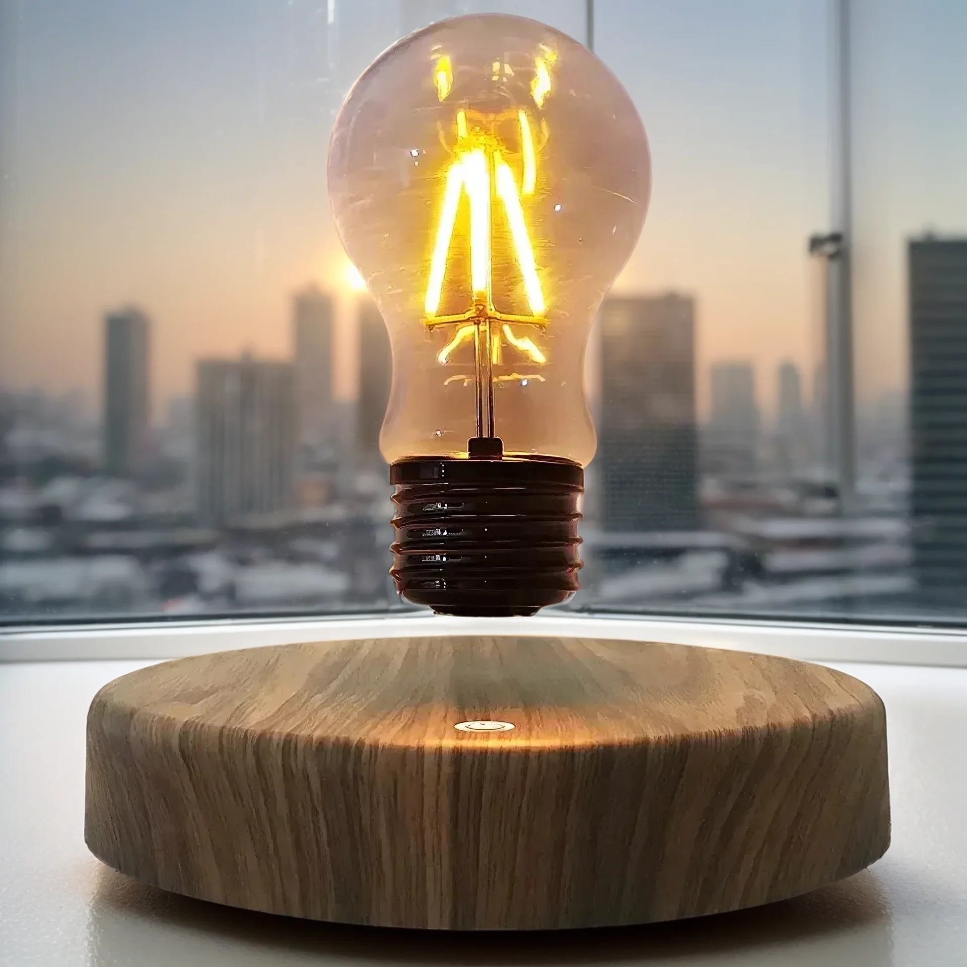 A levitating light bulb above a wooden base with a cityscape visible through a window in the background.